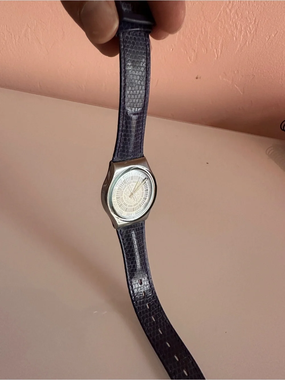 Swatch GX123 Alexander Steel Case Metallic Dial Embossed Purple Leather Strap